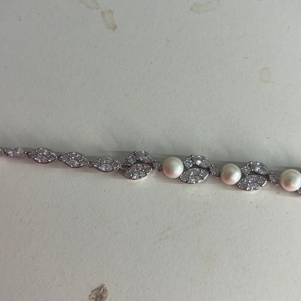 David's Bridal Silver Pearl and Crystal Bracelet